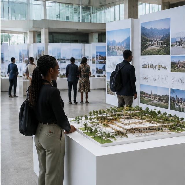 Visitors viewing architectural models and project boards at an exhibition