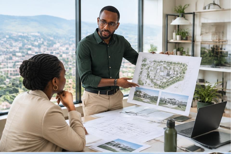 An architect presenting a detailed proposal to a client