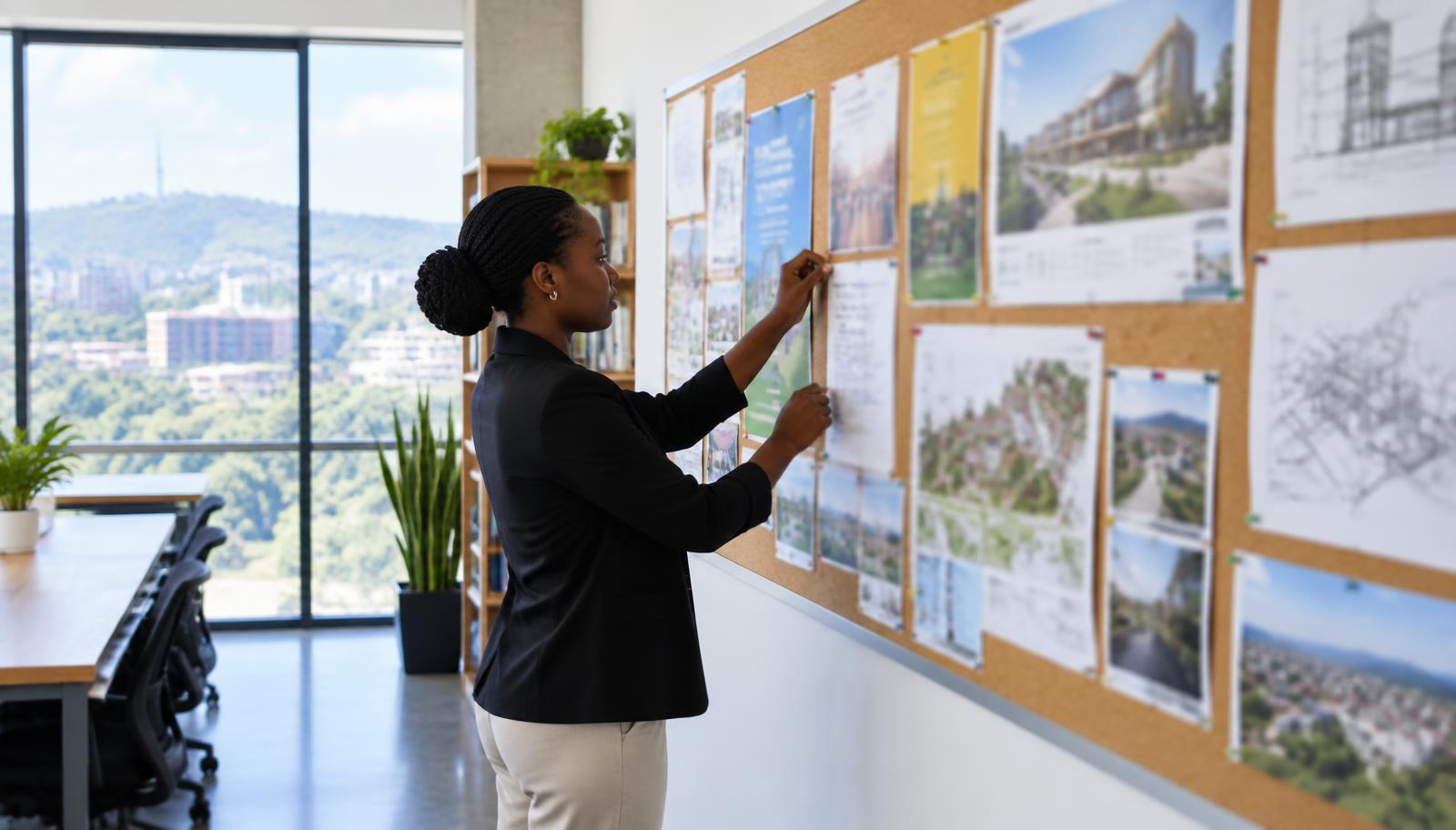 An RIA staff member updating a professional notice board