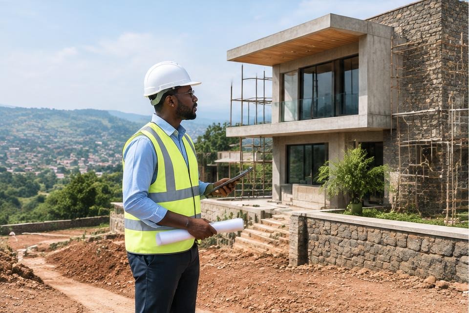 A licensed architect inspecting a residential construction site