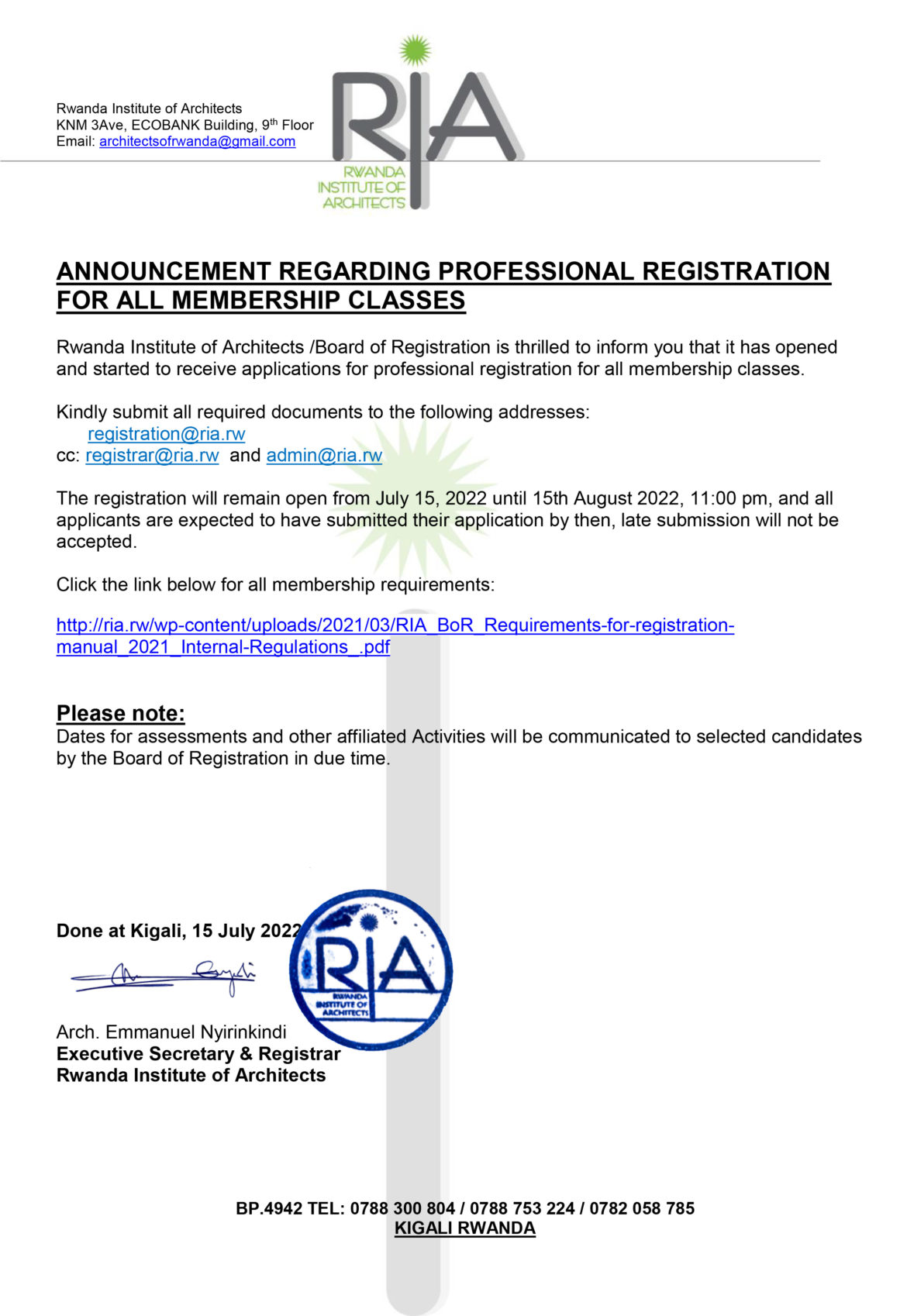 Call for Applications for professional registration