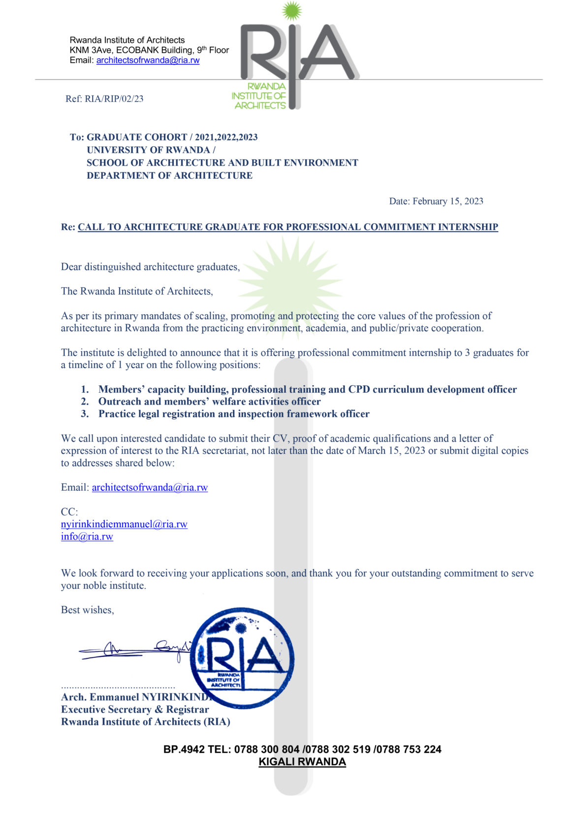 Call to Architecture Graduate for Professional Commitment Internship