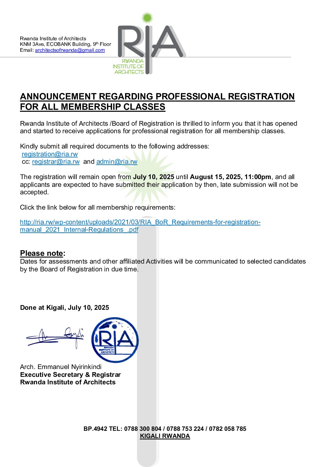 Announcement regarding professional registration for all membership classes